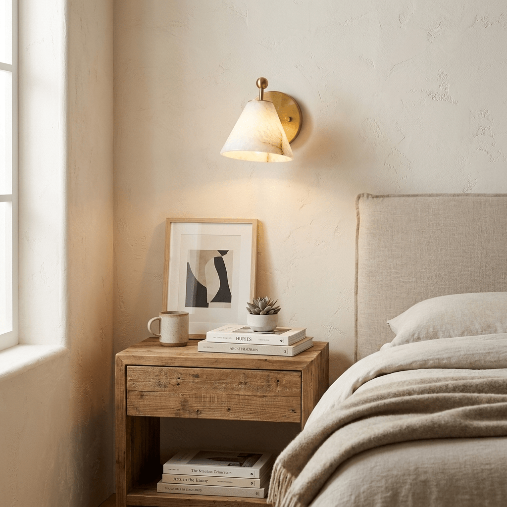 Alabasterkleurige wandlamp in kegelvorm
