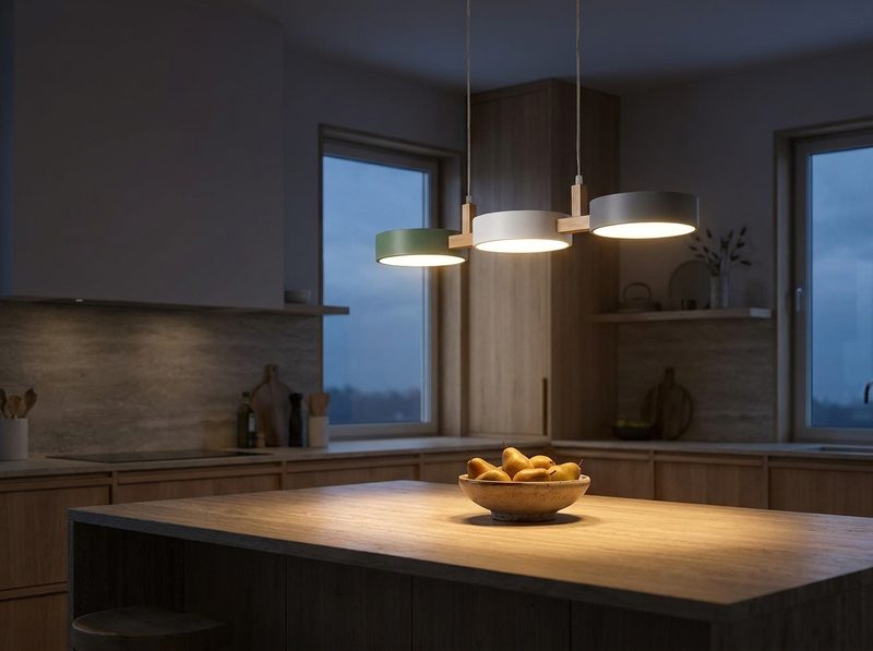 Cilindervormige hanglampen boven een keukeneiland