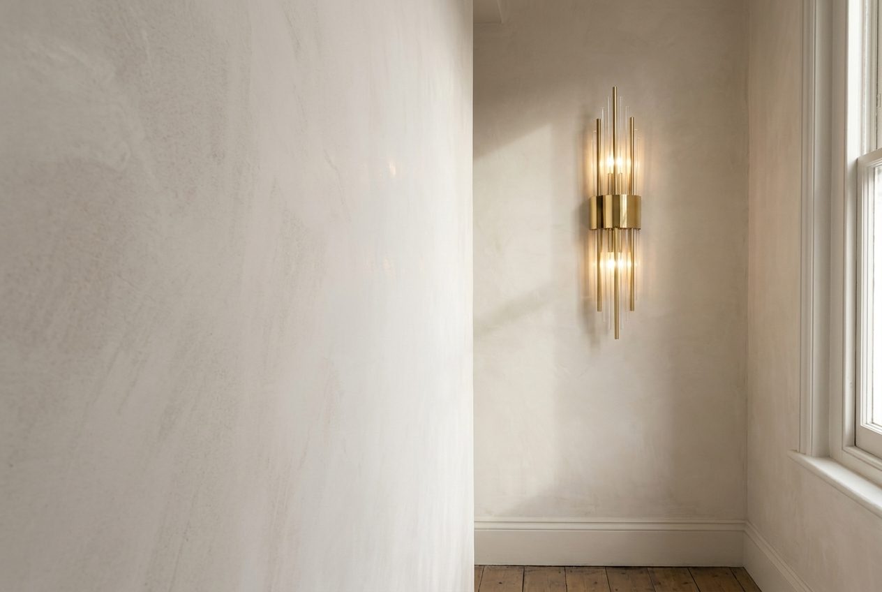 Kristallen en messing wandlamp in een avondkamer