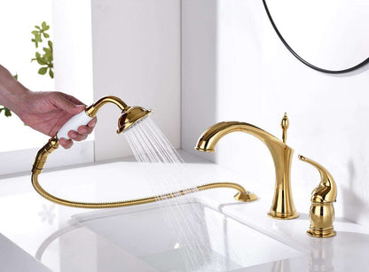 Marvistelle Art Deco set met gepolijste gouden wastafelmengkraan en handdouche, 2-in-1