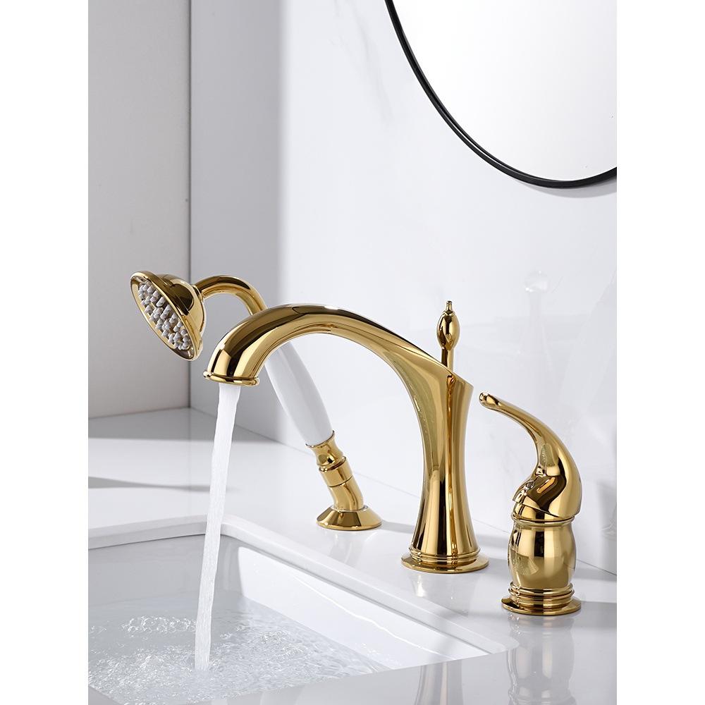 Marvistelle Art Deco set met gepolijste gouden wastafelmengkraan en handdouche, 2-in-1