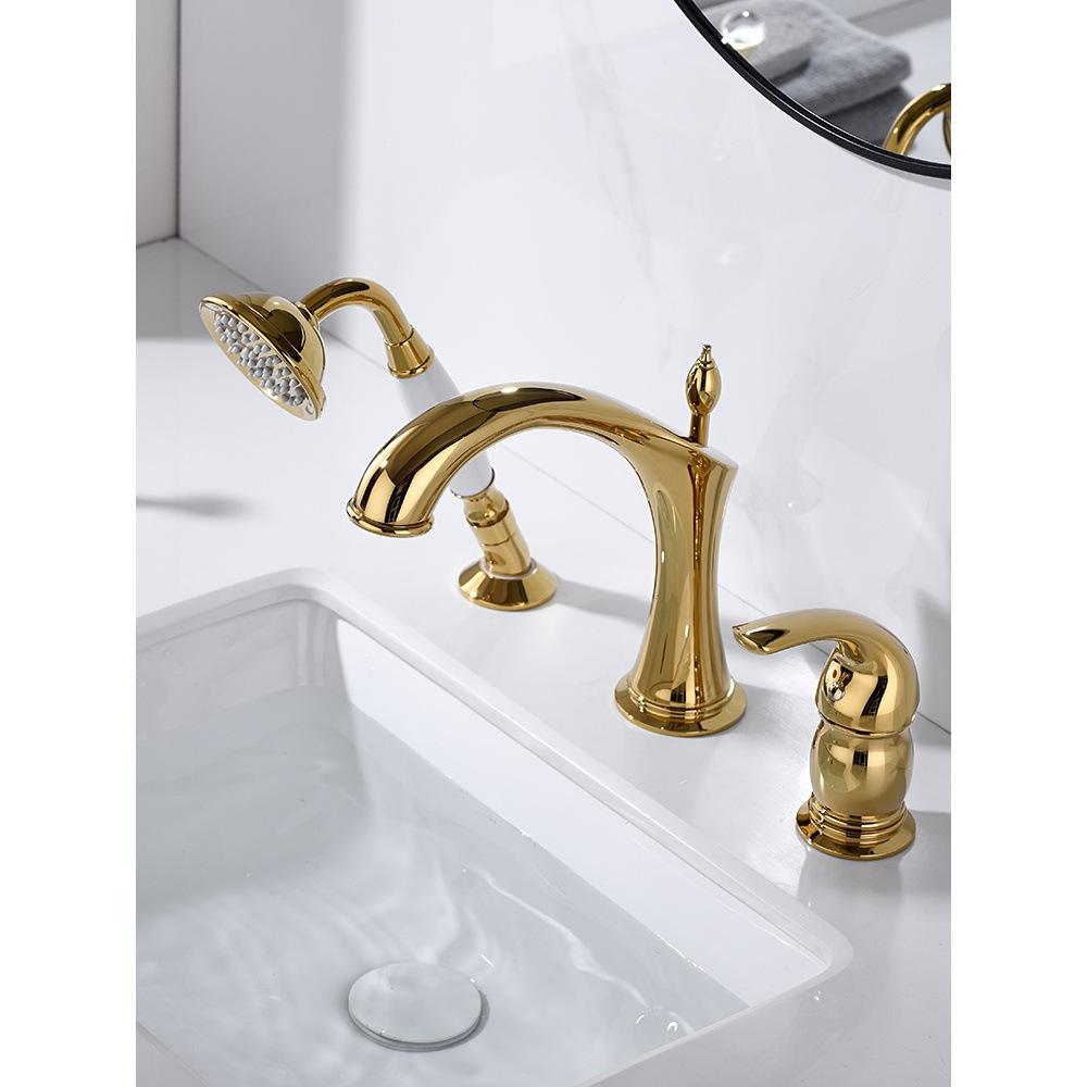 Marvistelle Art Deco set met gepolijste gouden wastafelmengkraan en handdouche, 2-in-1