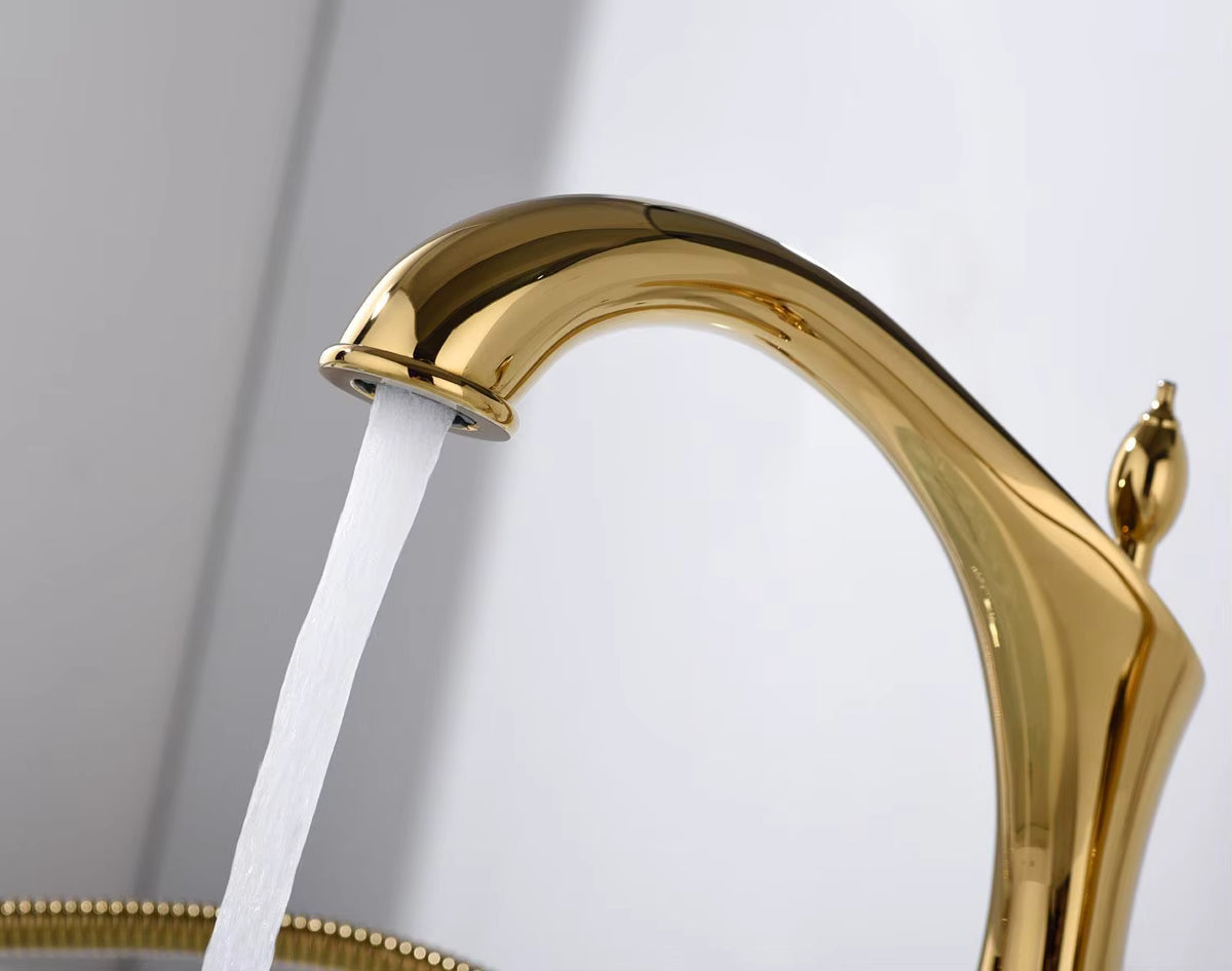 Marvistelle Art Deco set met gepolijste gouden wastafelmengkraan en handdouche, 2-in-1