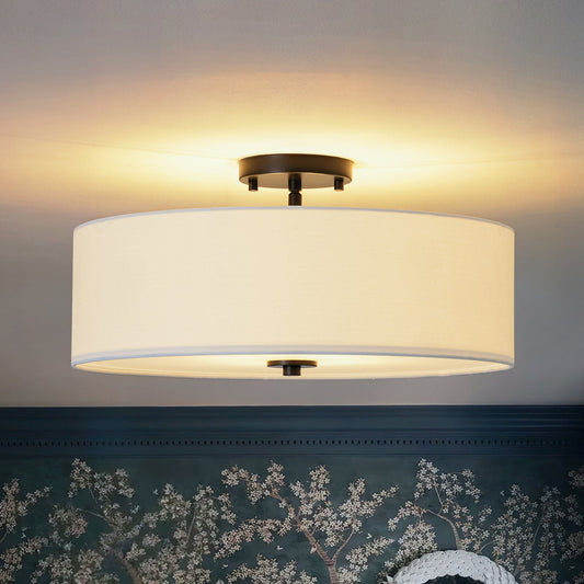 Half-inbouwlamp met witte linnen kap in trommelvorm