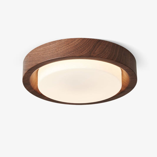 Ronde houten plafondlamp met glazen kap