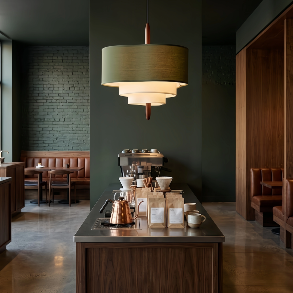 Gelaagde stoffen hanglamp van walnootkleurig hout