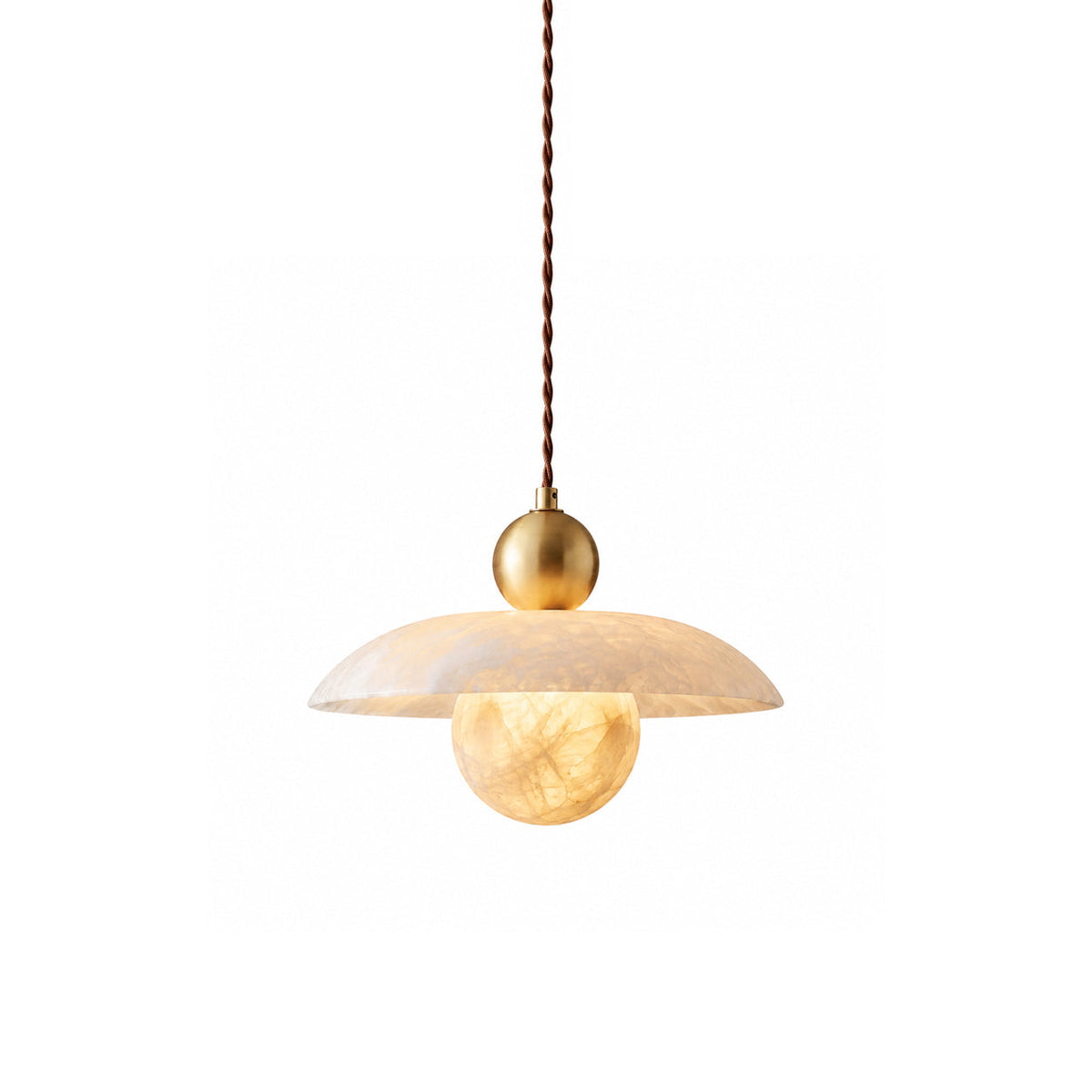 Messing hanglamp met albasten bol