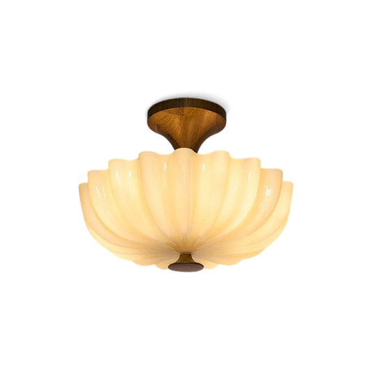 Half-inbouwlamp van hout en glas met geschulpte rand