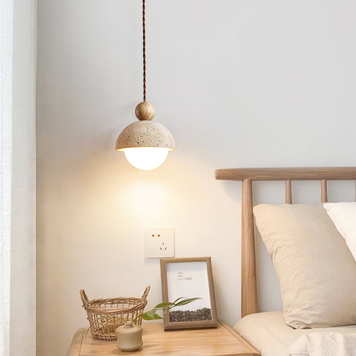 Travertijnen koepelvormige houten hanglamp