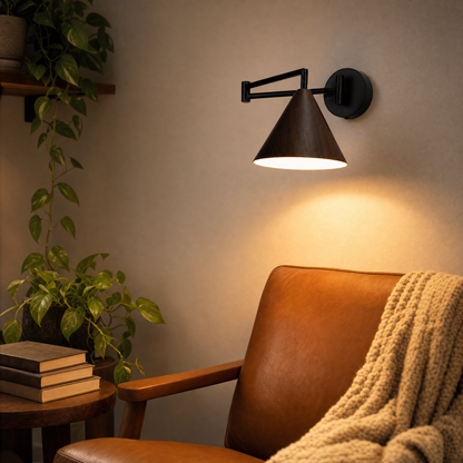 Linnoro Scandinavische wandlamp met zwenkarm en houteffect