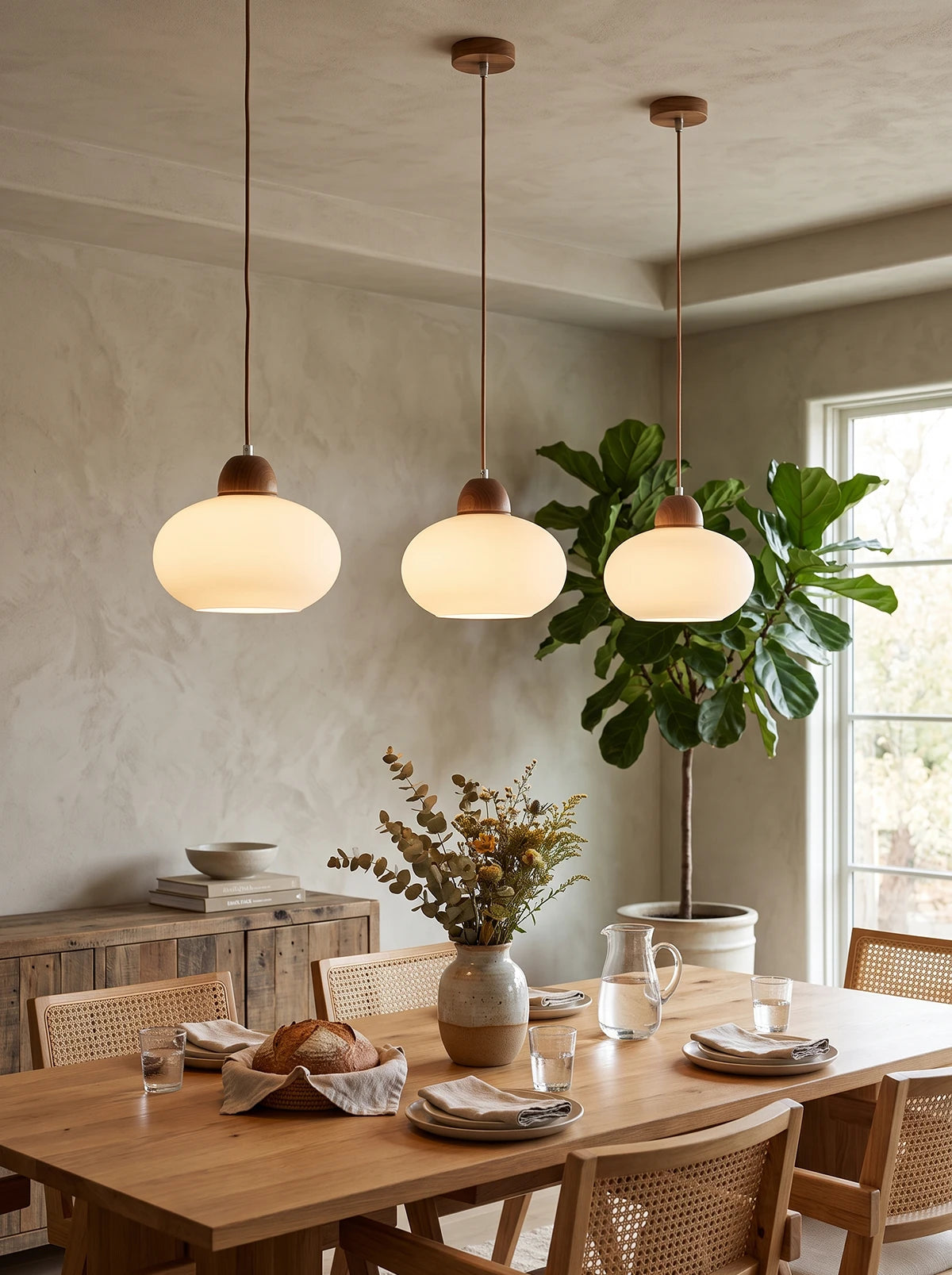 Hanglamp van melkglas en hout