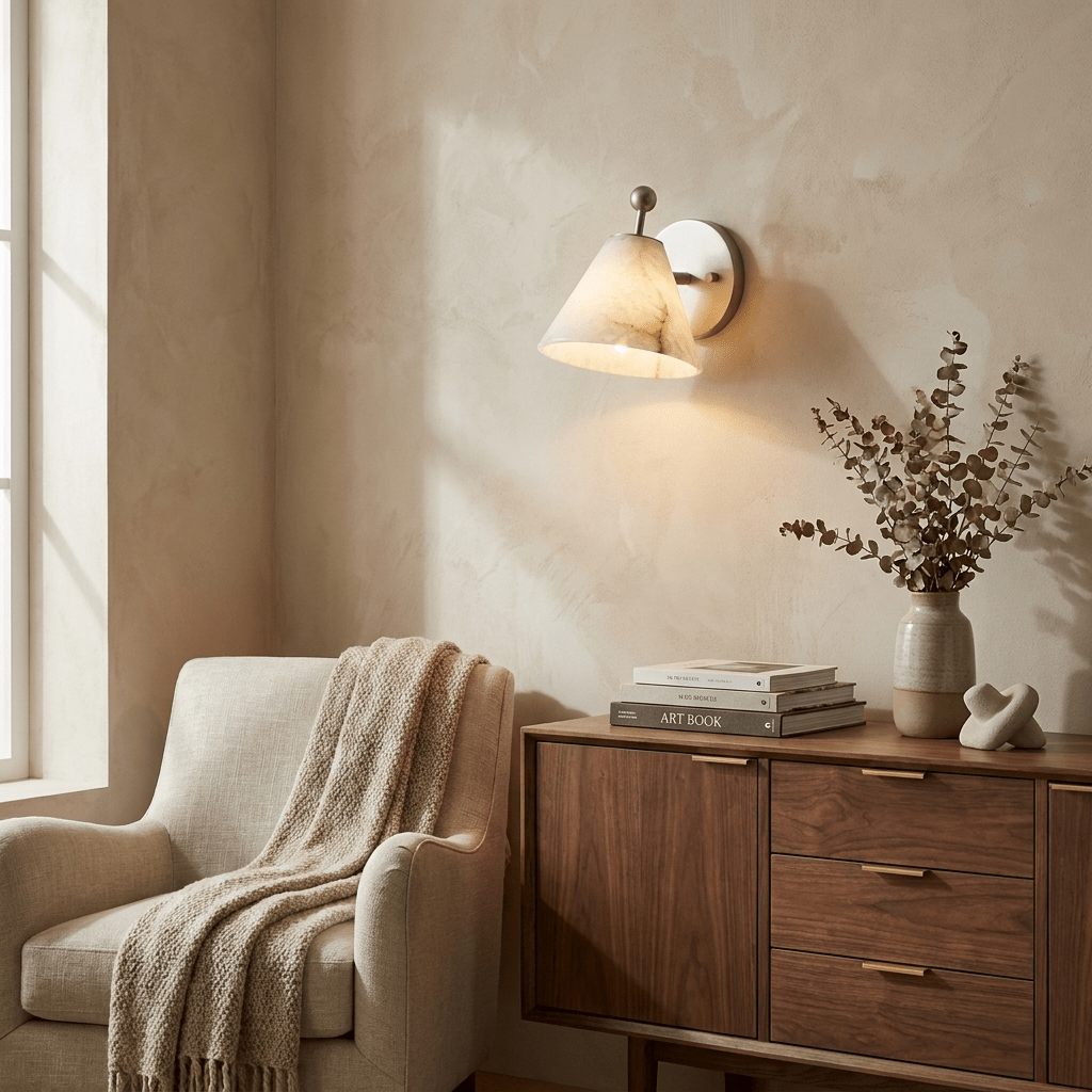 Alabasterkleurige wandlamp in kegelvorm