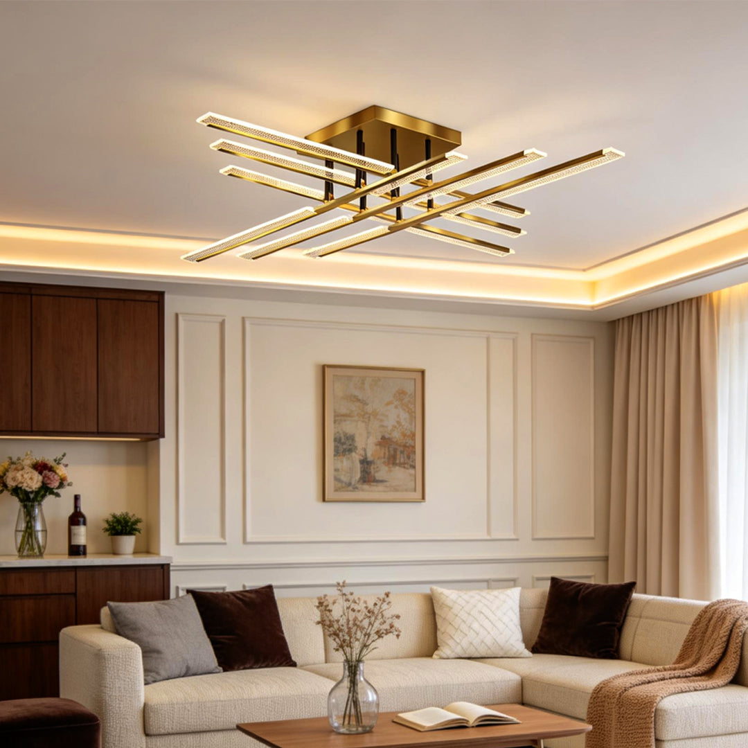 Goudkleurige lineaire plafondlamp met balken