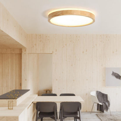 Ronde plafondlamp met eikenhouten rand