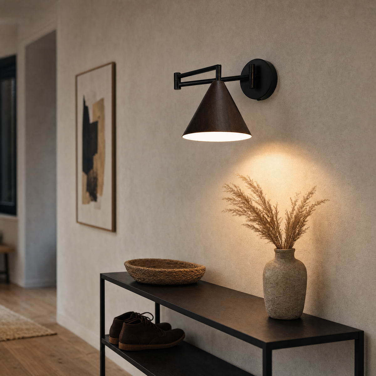 Linnoro Scandinavische wandlamp met zwenkarm en houteffect