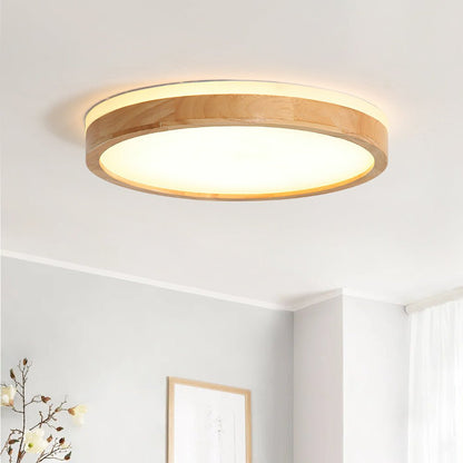Ronde plafondlamp met eikenhouten rand