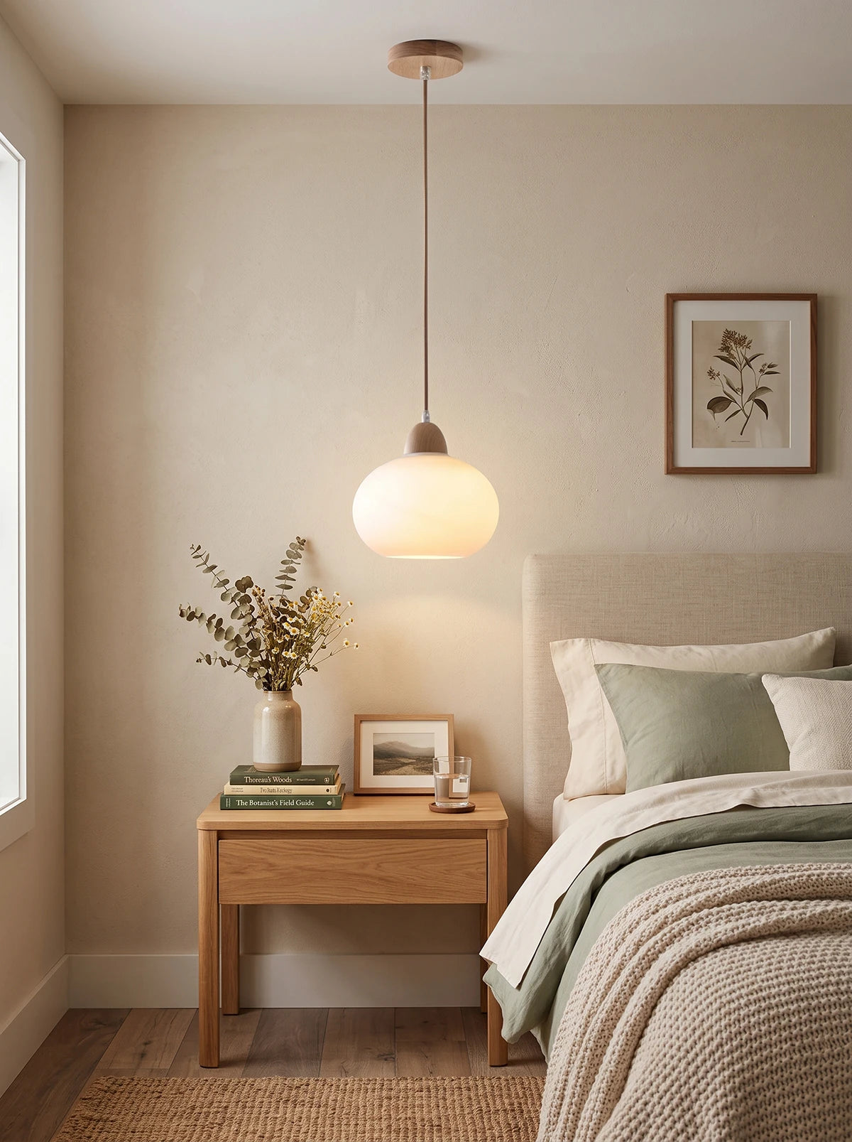 Hanglamp van melkglas en hout