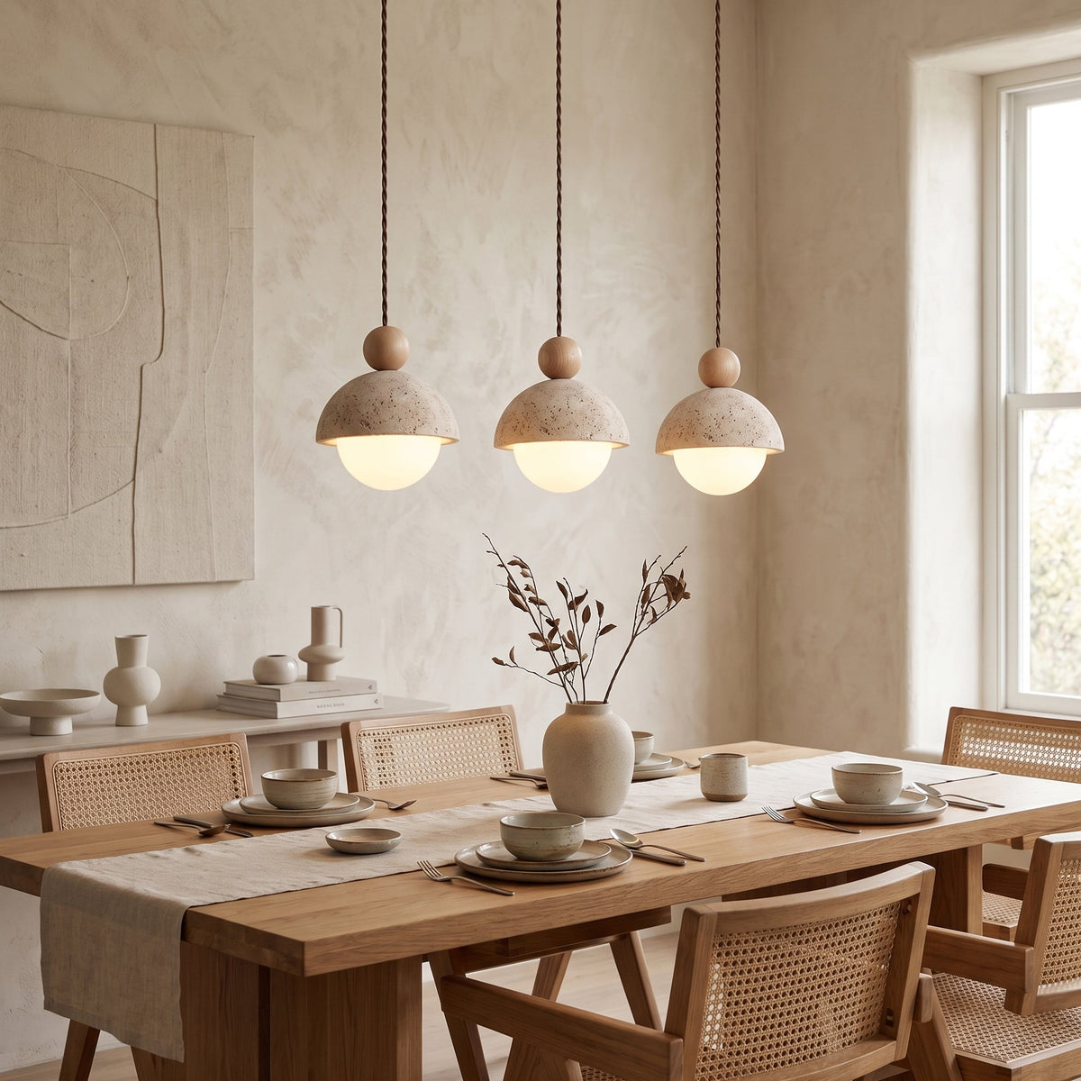 Travertijnen koepelvormige houten hanglamp