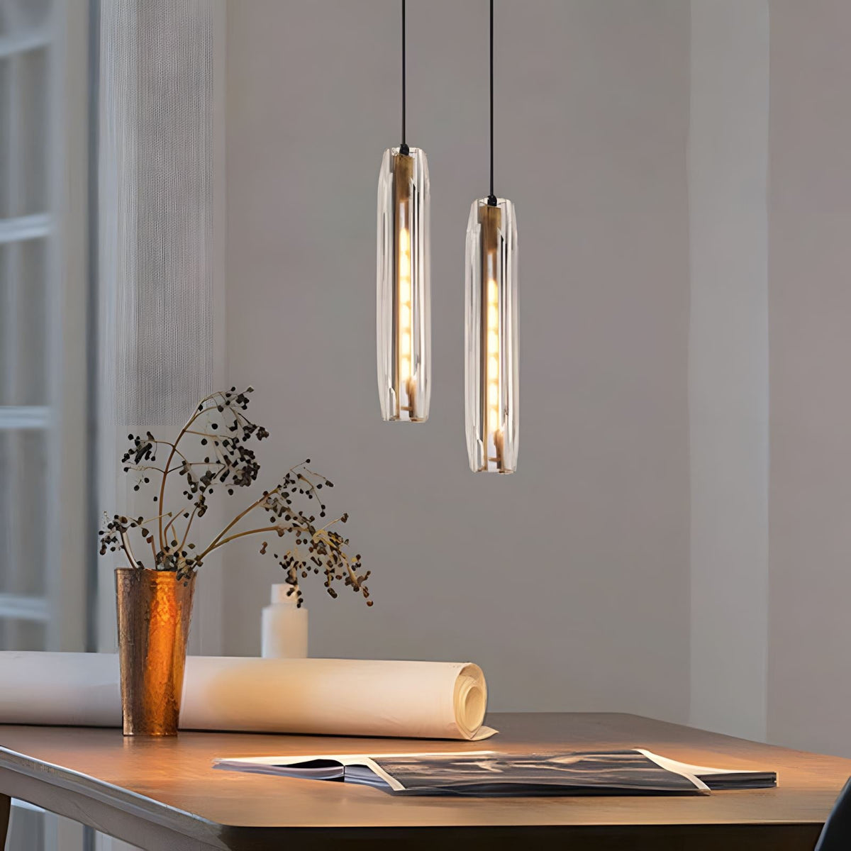 Messingkleurige hanglamp met kristallen staafjes