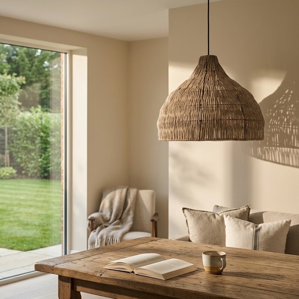 Natuurlijke gevlochten hanglamp in klokvorm