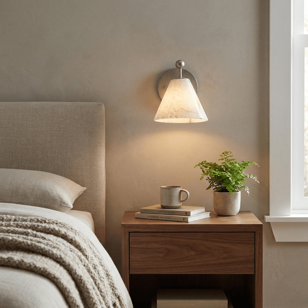 Alabasterkleurige wandlamp in kegelvorm