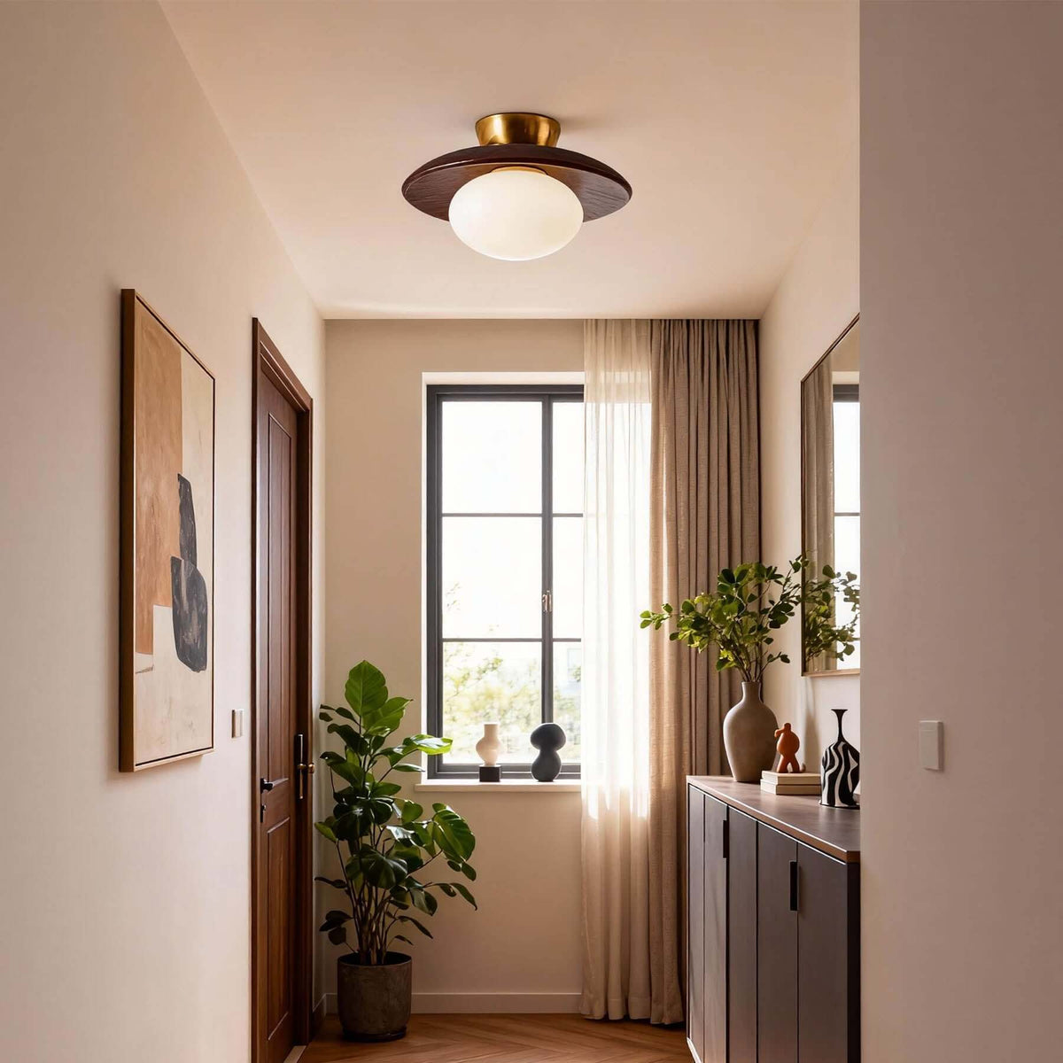Houten schijfvormige opalen plafondlamp