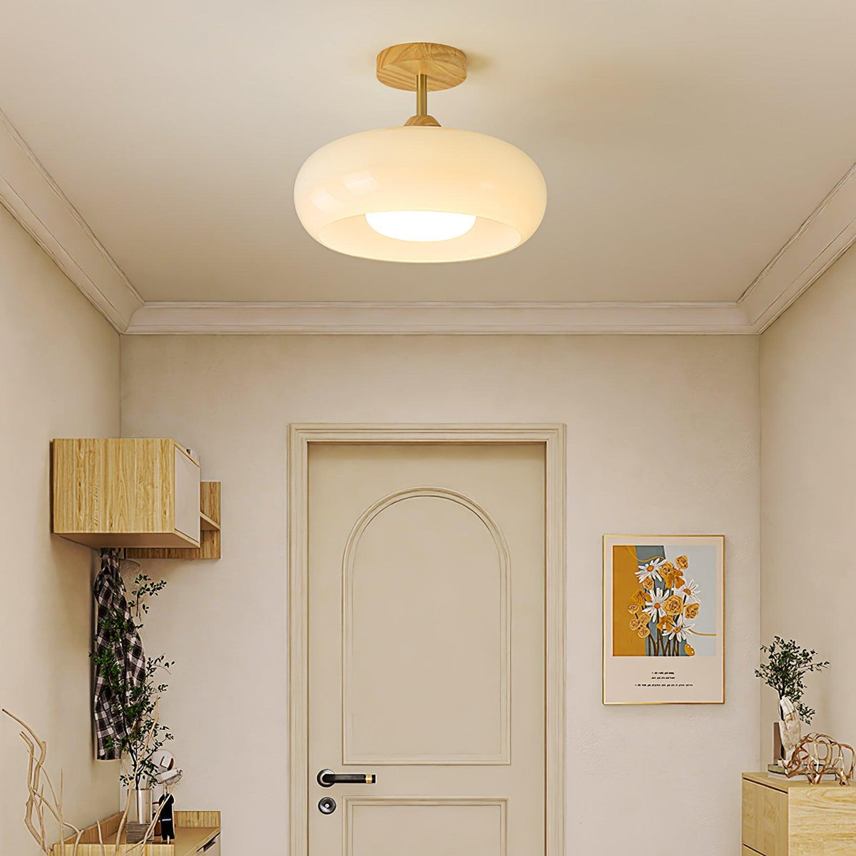 Ovale glazen houten plafondlamp