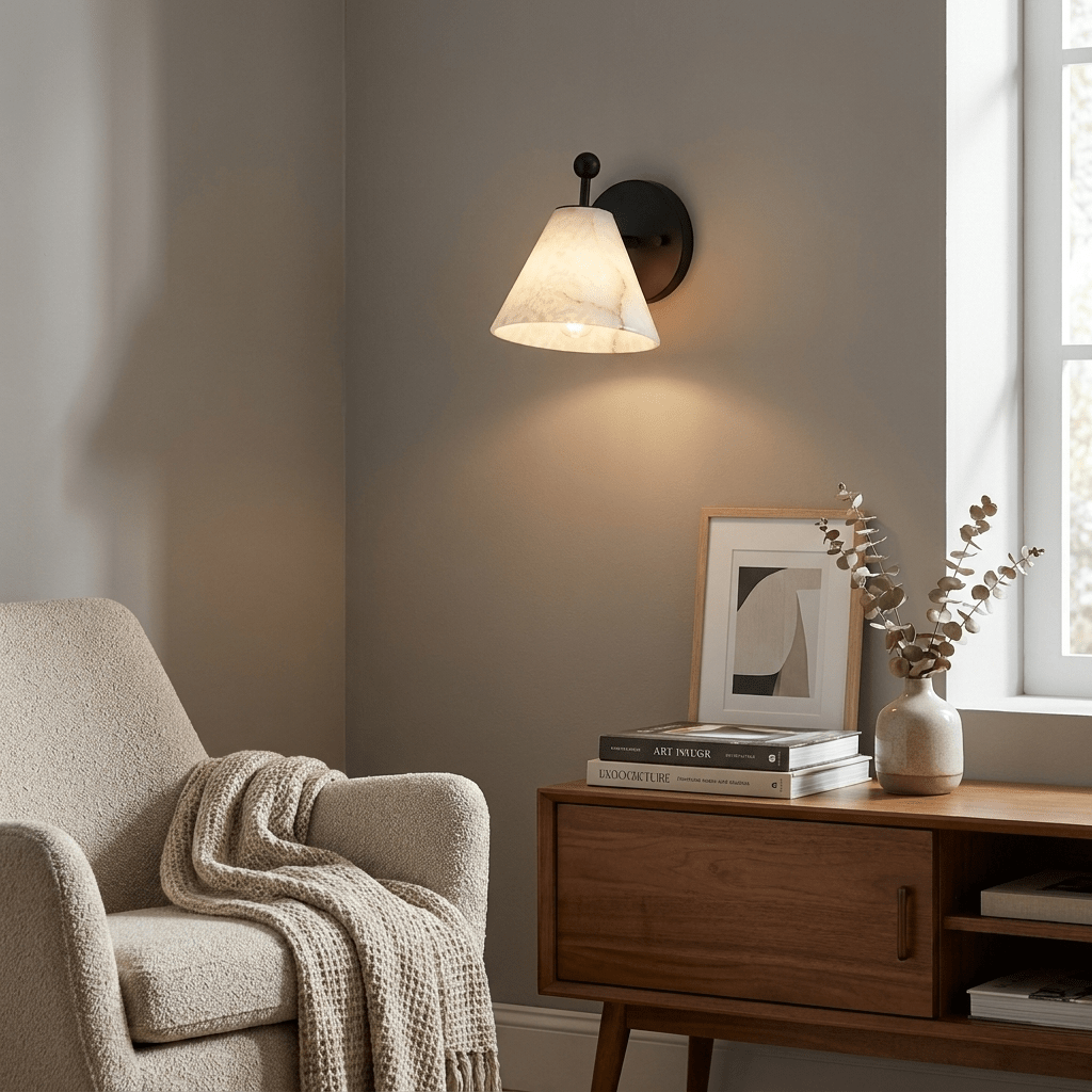 Alabasterkleurige wandlamp in kegelvorm