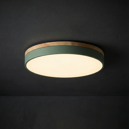 Tweekleurige houten plafondlamp met vlakke montage