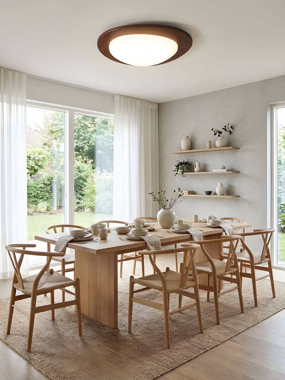 Gebeeldhouwde plafondlamp van walnoothout