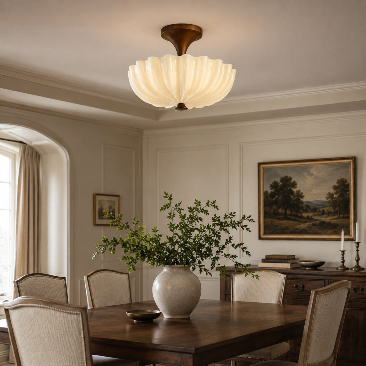 Half-inbouwlamp van hout en glas met geschulpte rand