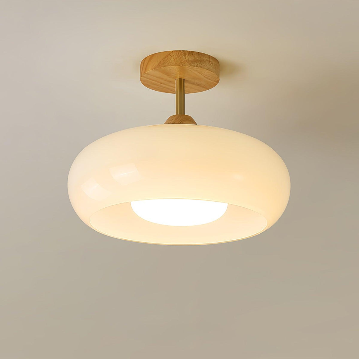 Ovale glazen houten plafondlamp