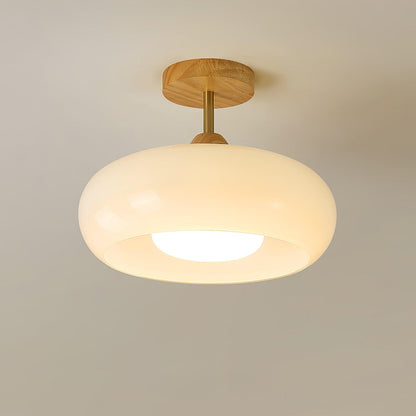 Ovale glazen houten plafondlamp
