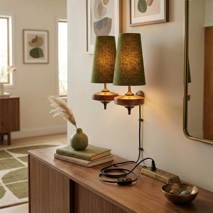 Wandlamp met stekker van walnoot en messing