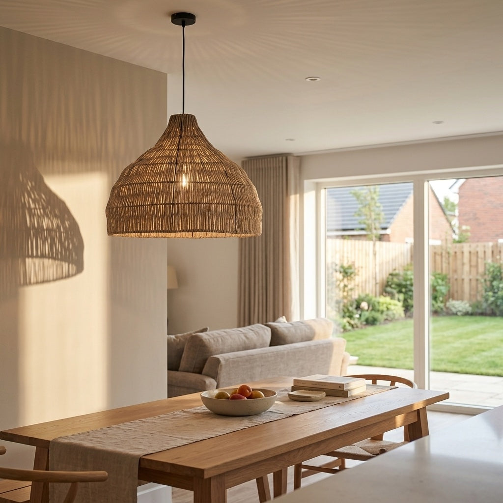 Natuurlijke gevlochten hanglamp in klokvorm