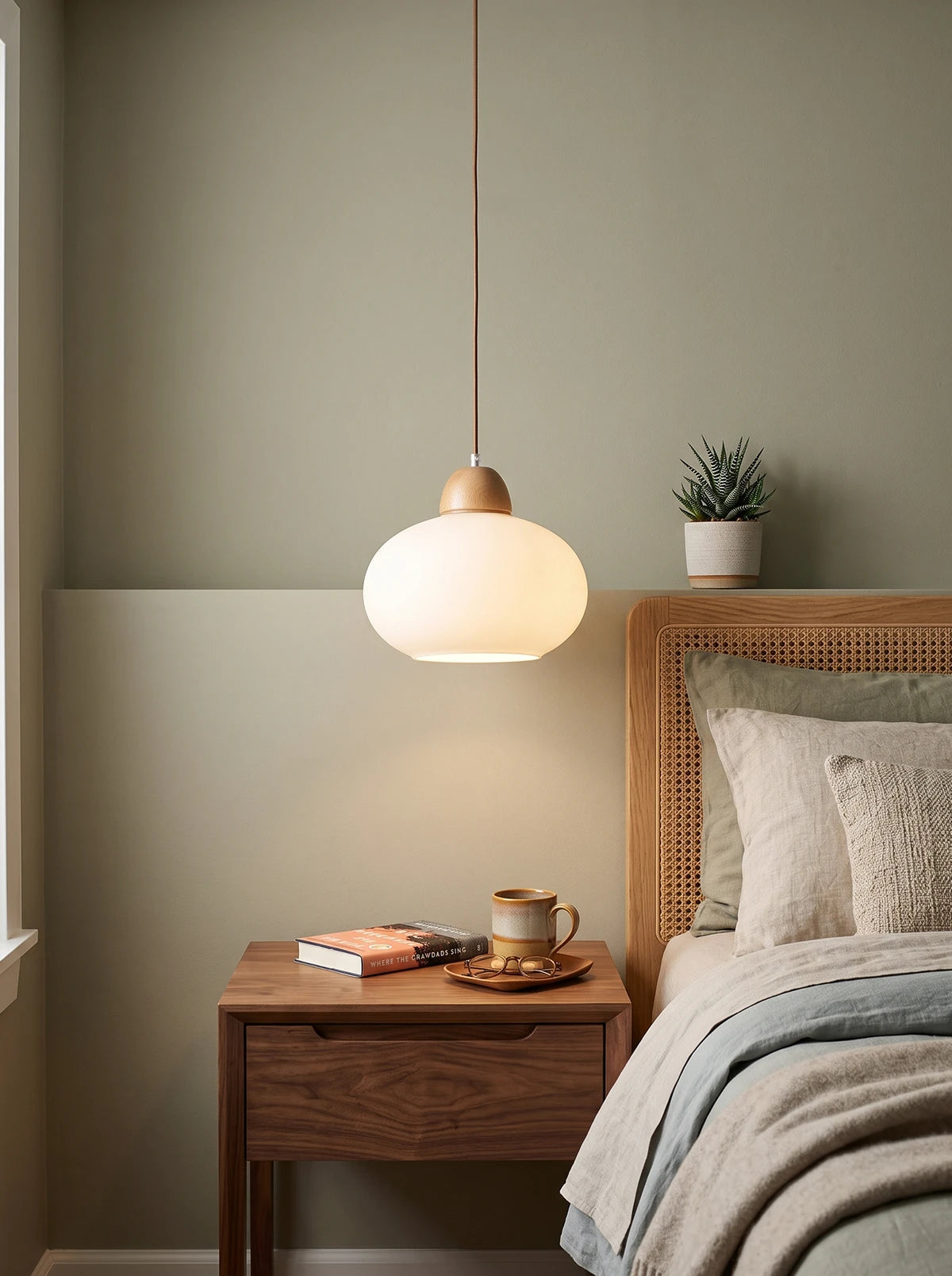 Hanglamp van melkglas en hout