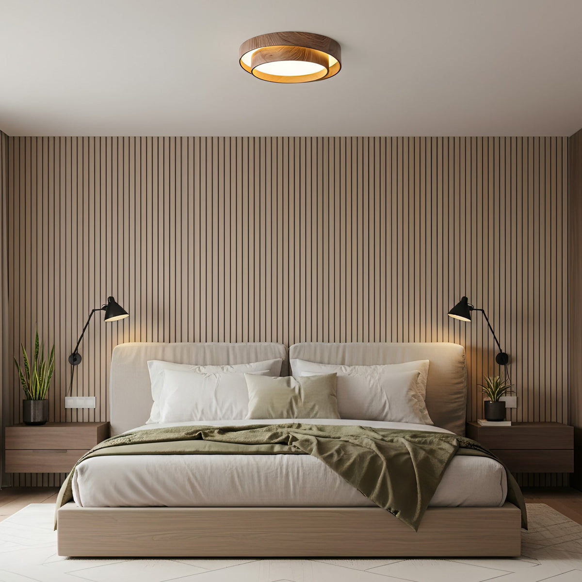 Walnootkleurige spiraalvormige plafondlamp met ringen