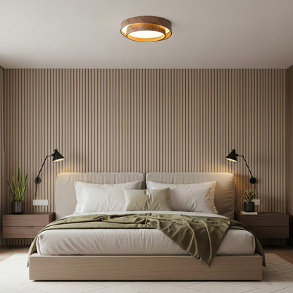 Walnootkleurige spiraalvormige plafondlamp met ringen