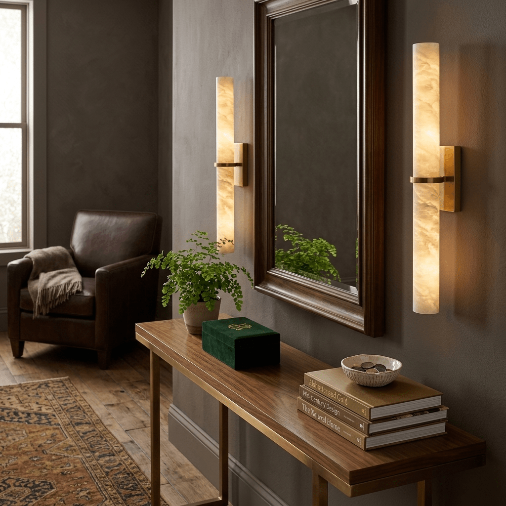 Slanke wandlamp met albasten balk