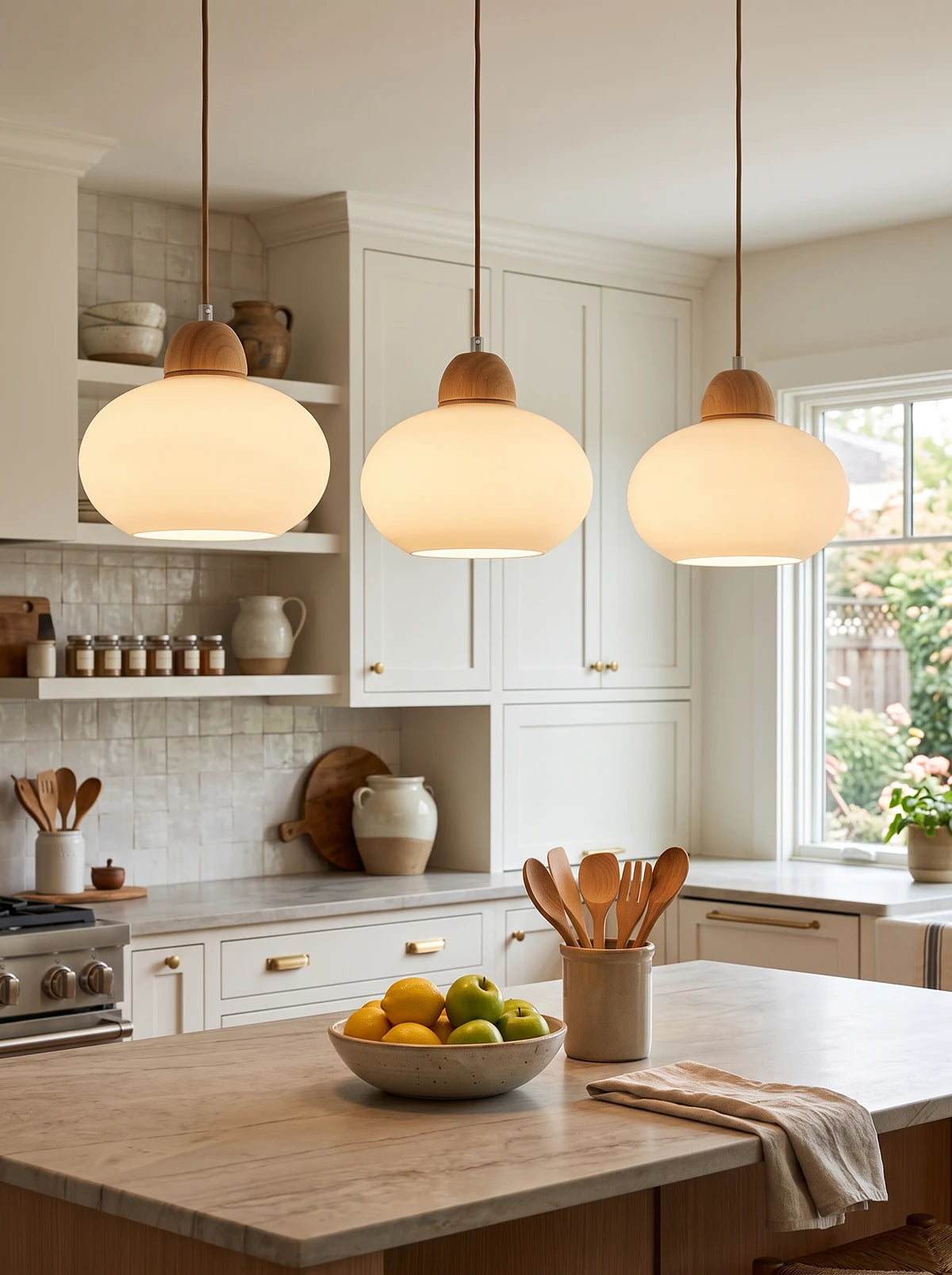 Hanglamp van melkglas en hout