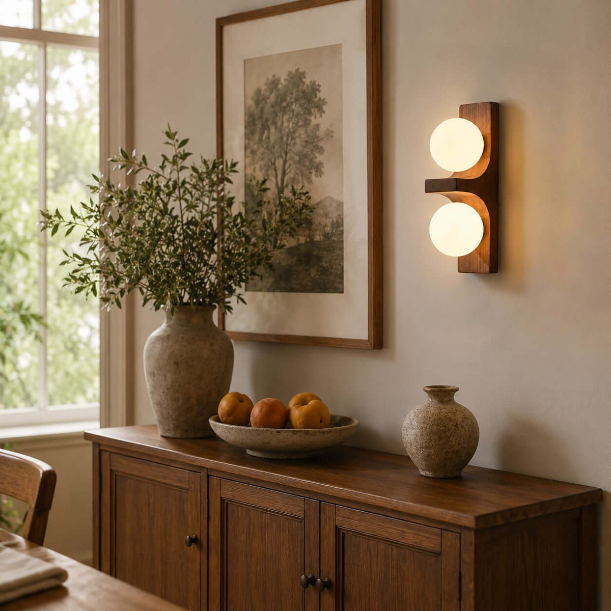Dubbele wandlamp van hout met globes