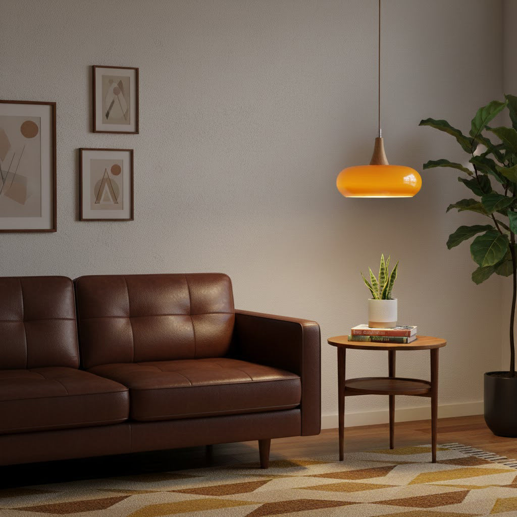 Hanglamp van hout en kiezelglas
