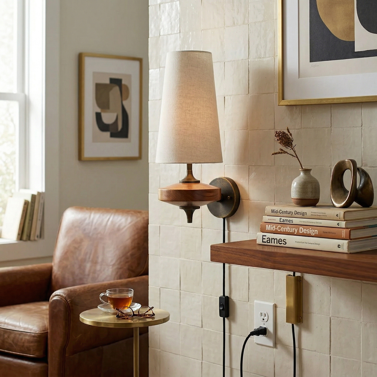 Wandlamp met stekker van walnoot en messing