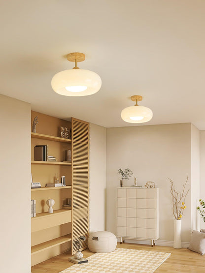 Ovale glazen houten plafondlamp