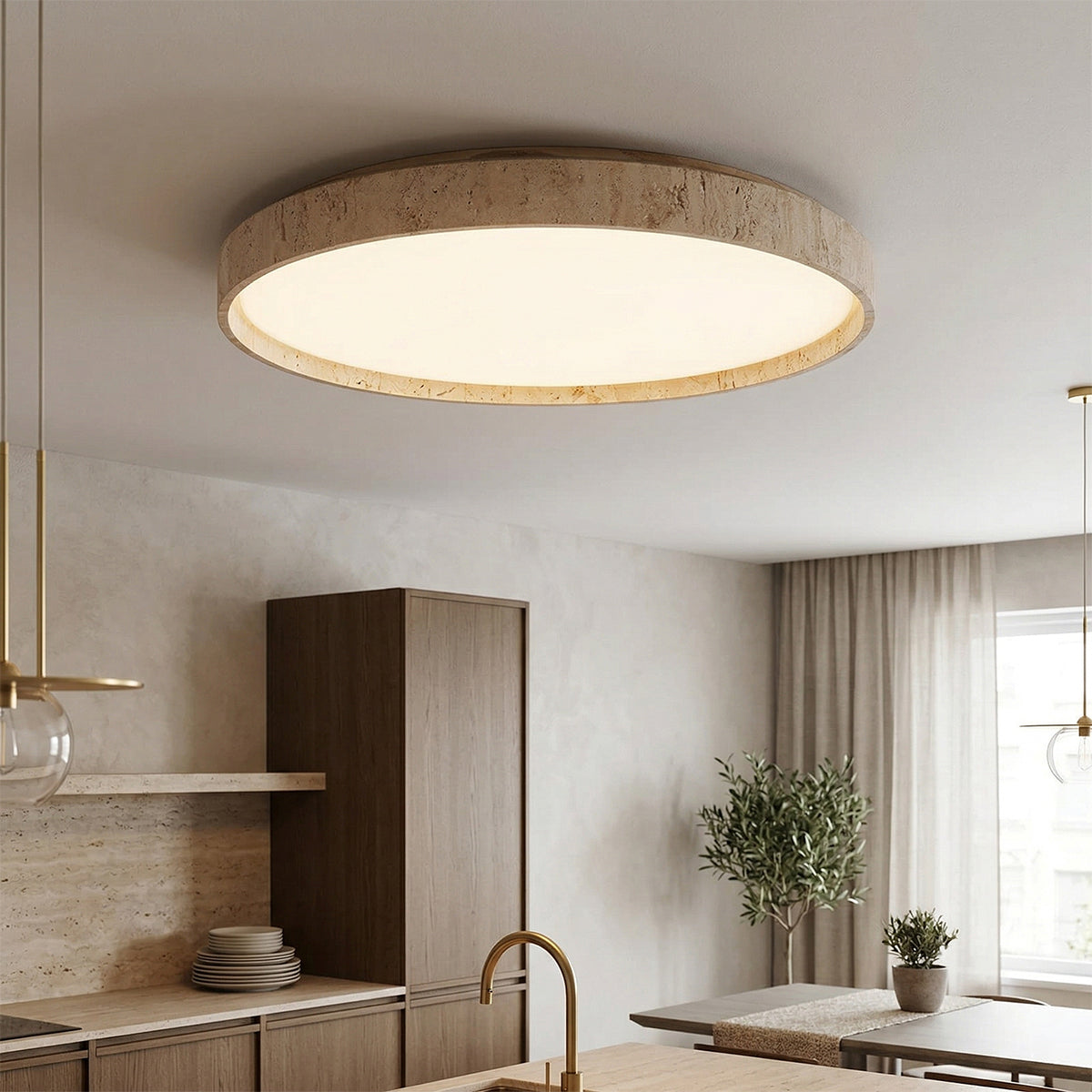 Plafondlamp met schijf van walnootkleurig travertijn