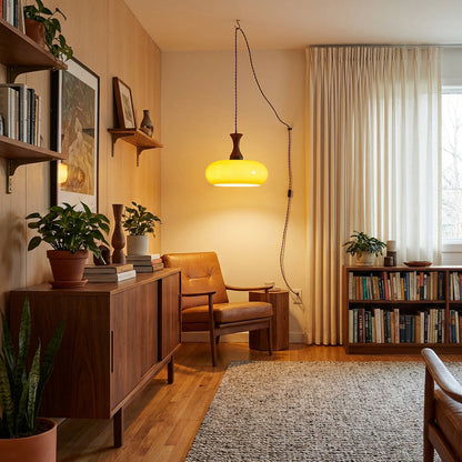 Amberkleurige glazen hanglamp met stekker
