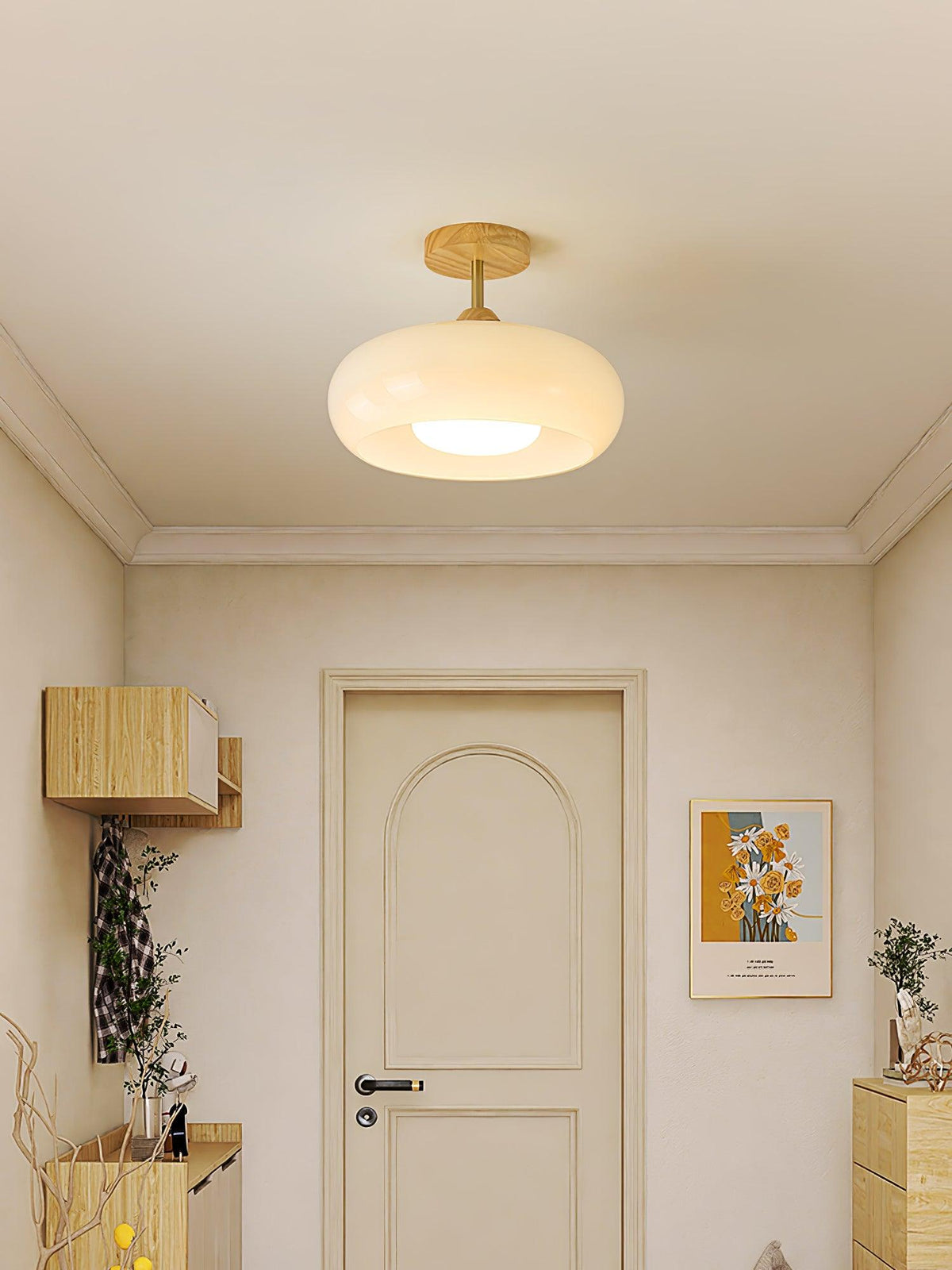 Ovale glazen houten plafondlamp