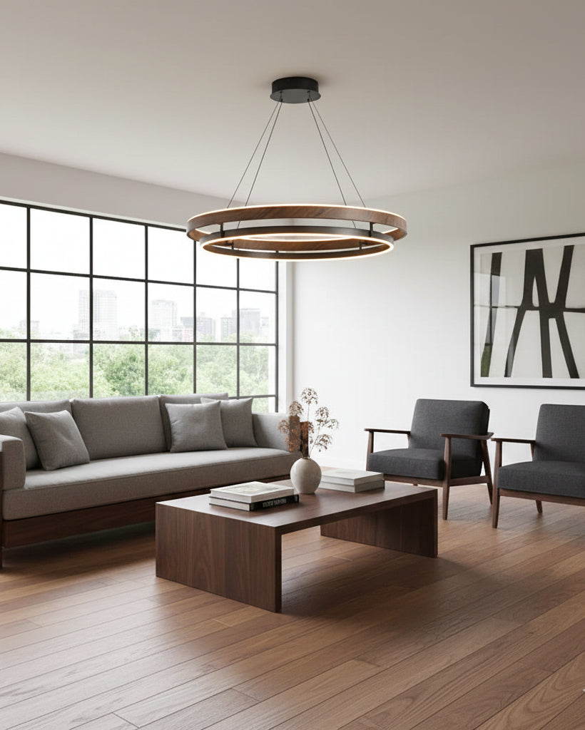 Walnootkleurige LED-kroonluchter met dubbele ringen