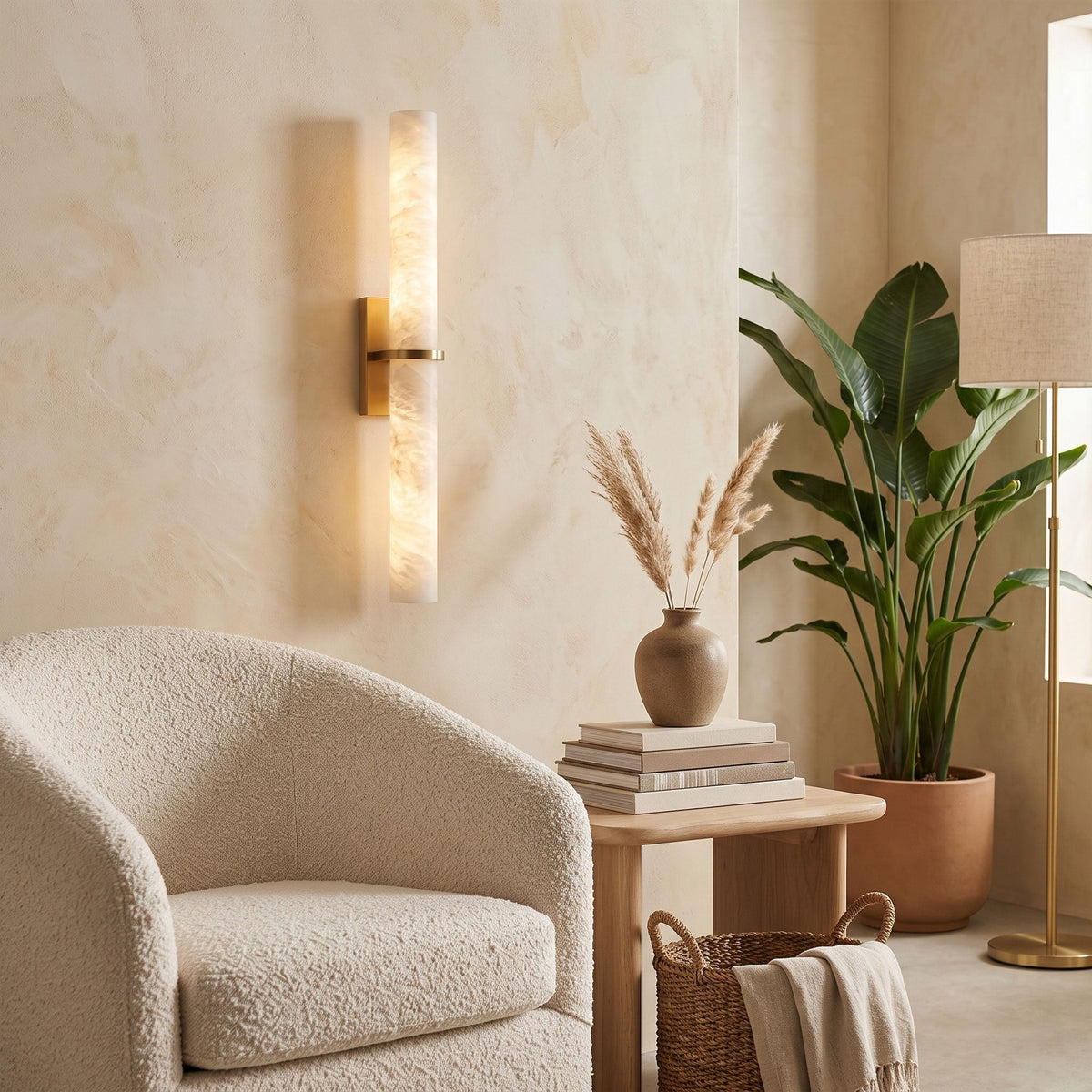 Slanke wandlamp met albasten balk