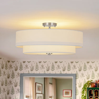 Half-inbouwlamp met witte linnen kap in trommelvorm